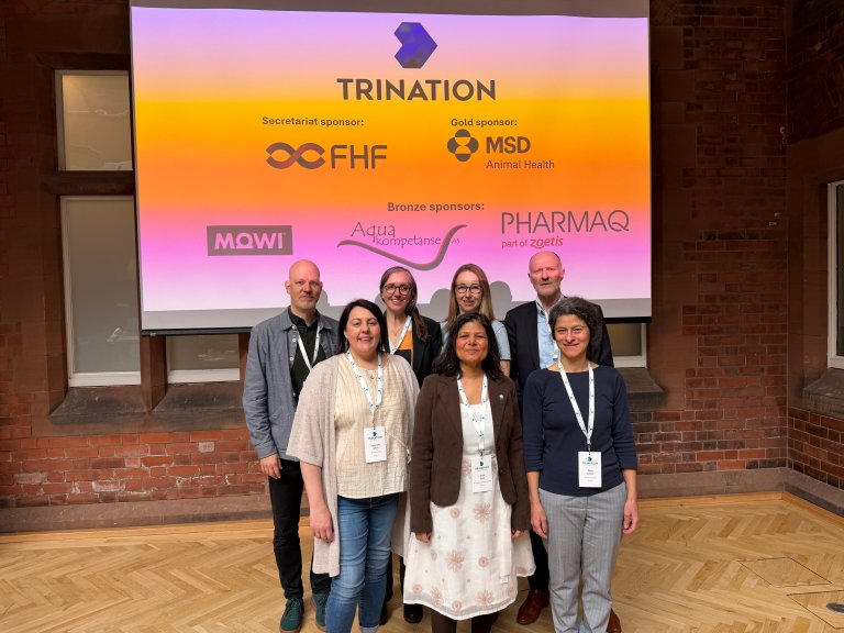 The board of TriNation. From left in first row: Samantha White (Marine Institute, Ireland), Sonal Patel, Silvia Soares (Govt of Scotland, Scotland). From left in second row: Sven Martin Jørgensen (FHF, Norge), Marit Stormoen (NMBU, Norge), Susie Mitchell (Stiim, Ireland) og Tore Hovland (Aquakomperanse, Norge). Foto: NVI