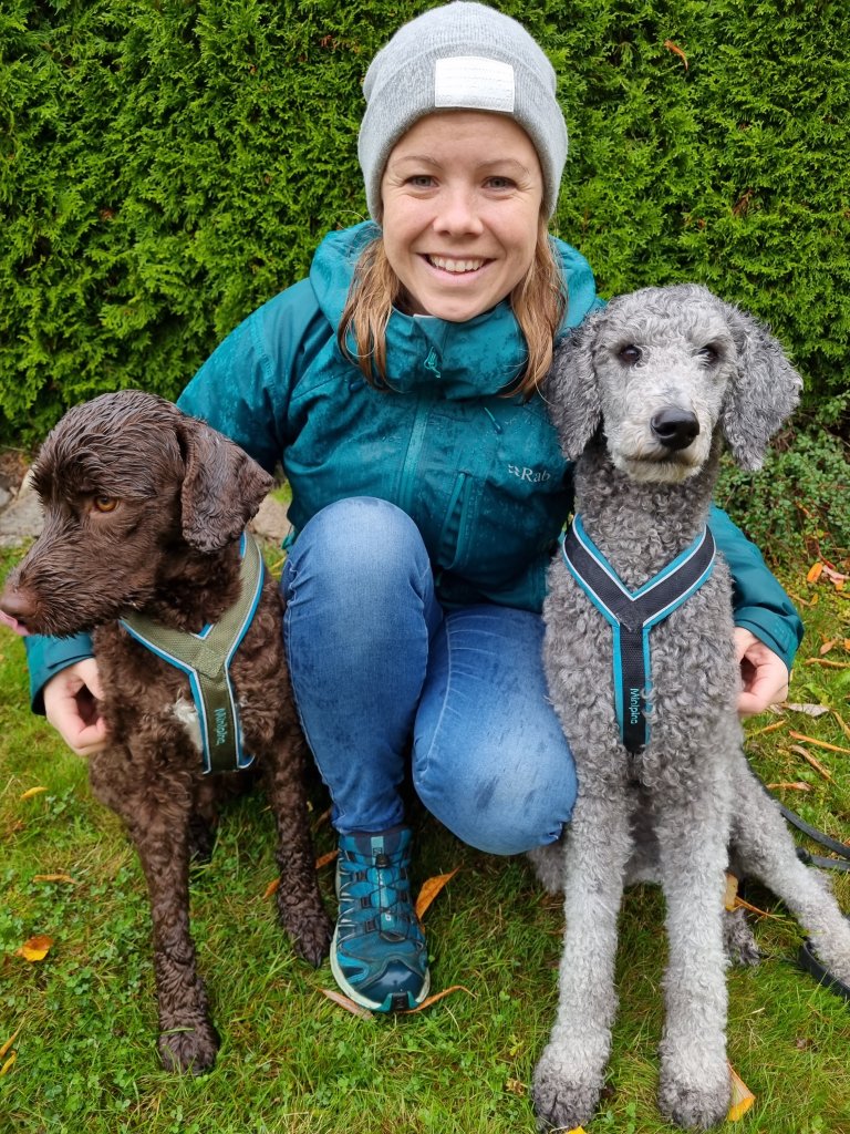 PhD fellow Eiril Moen Soltvedt at the NMBU Faculty of Veterinary Medicine with the dogs Mose and Lyng. Photo: Private