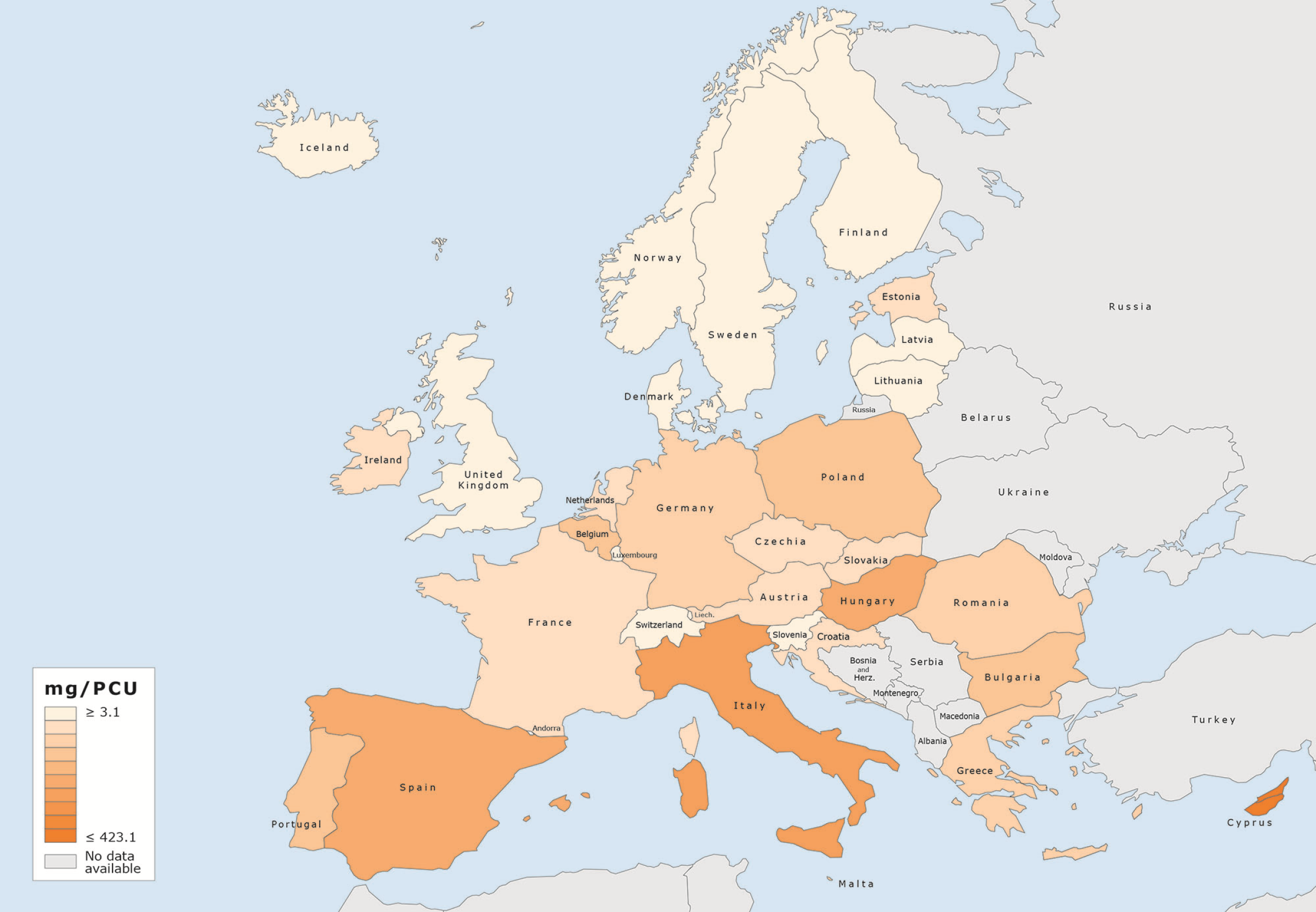 Forbruk av antibiotika i 31 EU/EØS-land i 2017 målt i mg/PCU (PCU = population correction unit; 1 PCU = 1 kg). Kilde: ESVAC 2017 rapporten