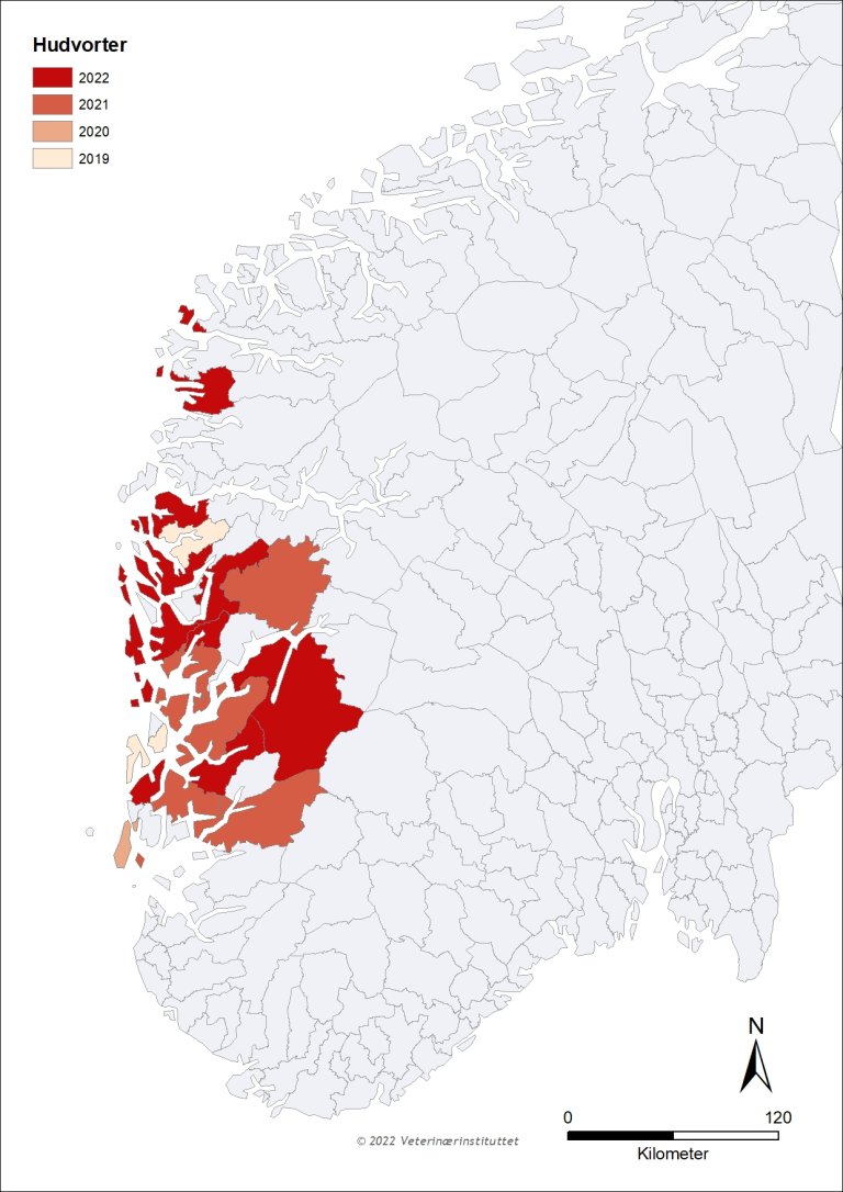 Kart over den geografiske utbredelsen av smittsomme vorter hos hjort 2019-2022.  Kart: Attila Tarpai, Veterinærinstiuttet
