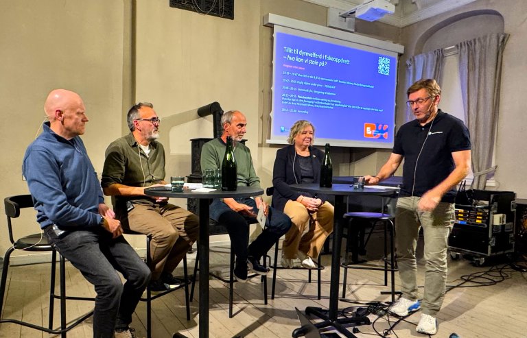 Frå paneldebatten (f.v): Ketil Rykhus (Sinkaberg AS), Bjørn Gillund (Måsøval), Tore Kristiansen (leidde tidlegare faggruppe Dyrevelferd ved Havforskingsinstituttet, no pensjonist), Lise Rokkones (Mattilsynet), Arve Hestmark Nilsen (Veterinærinstituttet). Foto: Mari Press, Veterinærinstuttet