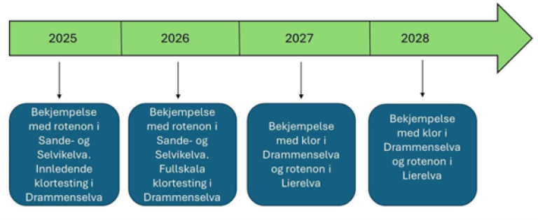 Tidslinje over fire år som viser planlagt behandlingsforløp i Drammensregionen.
