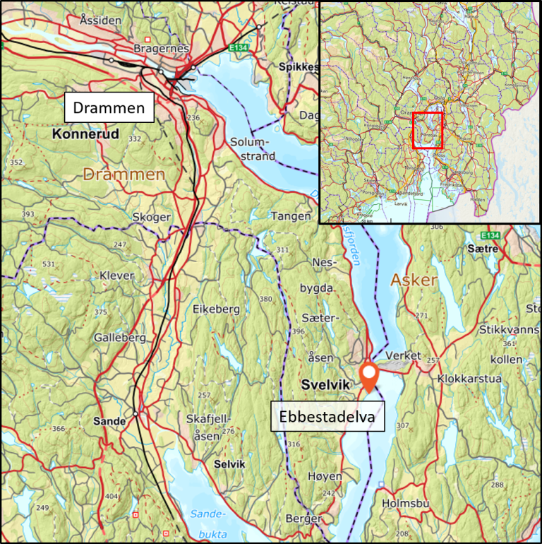 Kart som viser plassering av Ebbestadelva (vassdragskode 012.2Z) i Drammensregionen, Viken.
