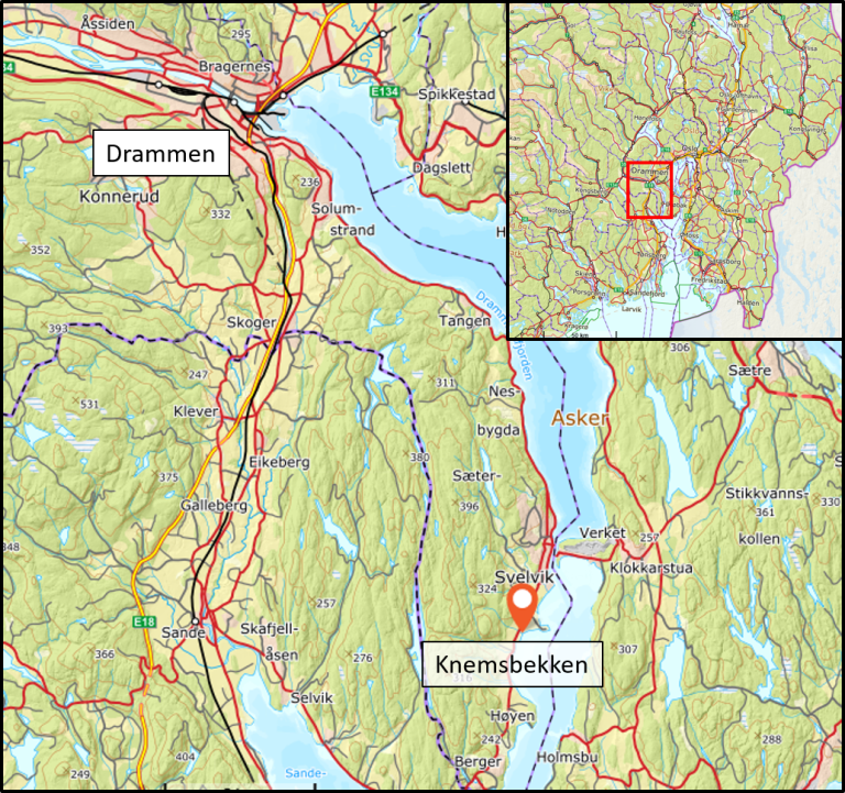 Kart som viser plassering av Knemsbekken (vassdragskode 012.22X2) i Drammensregionen, Viken.