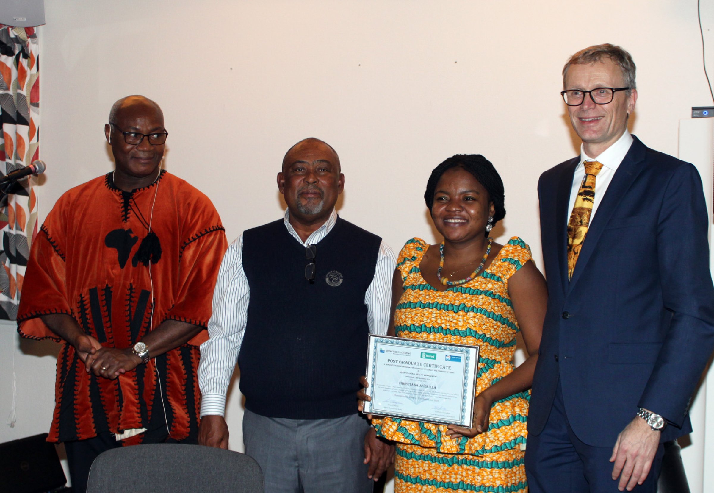 The training ended with the issuance of post graduate certificates in aquatic animal health. From left: leader of the NORGHATI cooperation Dr Kofitsyo Cudjoe from the Norwegian Veterinary Institute, The Director of Fish Health from Ghana’s Fishery Commission, Dr Peter Ziddah, Christiana Ayebilla and the Deputy Director of Fish Health at the Norwegian Veterinary Institute, Dr Arne Flåøyen.