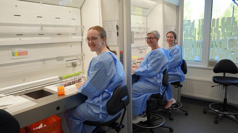 Laboratorieingeniørar på prionlab. Frå venstre: Ingvild Andrea Liaset Røren, Svanhild Zwaantje Kjørsvik Schipper og Andrea Mandt-Utbøen Holtermann tek ut nokre spesifikke bitar av prøvematerialet i røyr med bufferløysing. Foto: Mari M. Press, Veterinærinstituttet