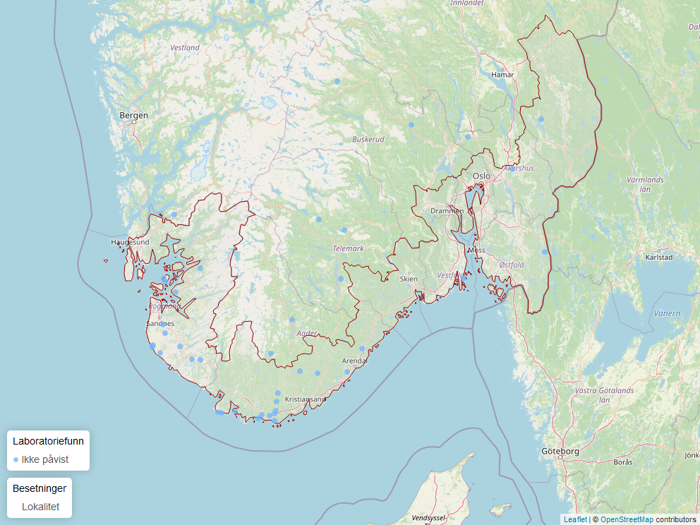 Kart av påvisninger av blåtunge hos sau i Norge