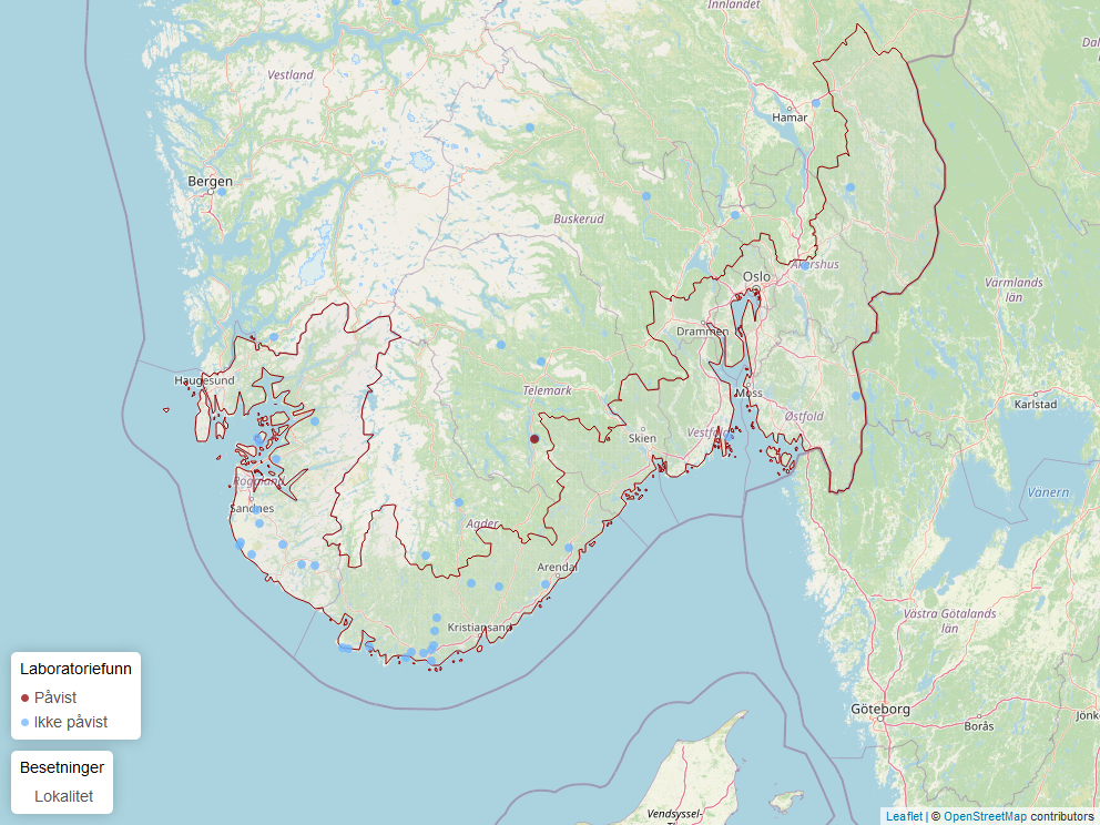 Kart av påvisninger av blåtunge hos sau i Norge