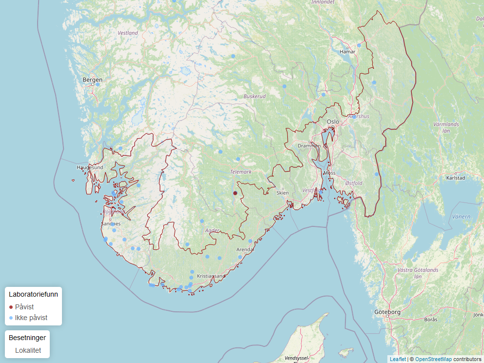 Kart av påvisninger av blåtunge hos sau i Norge