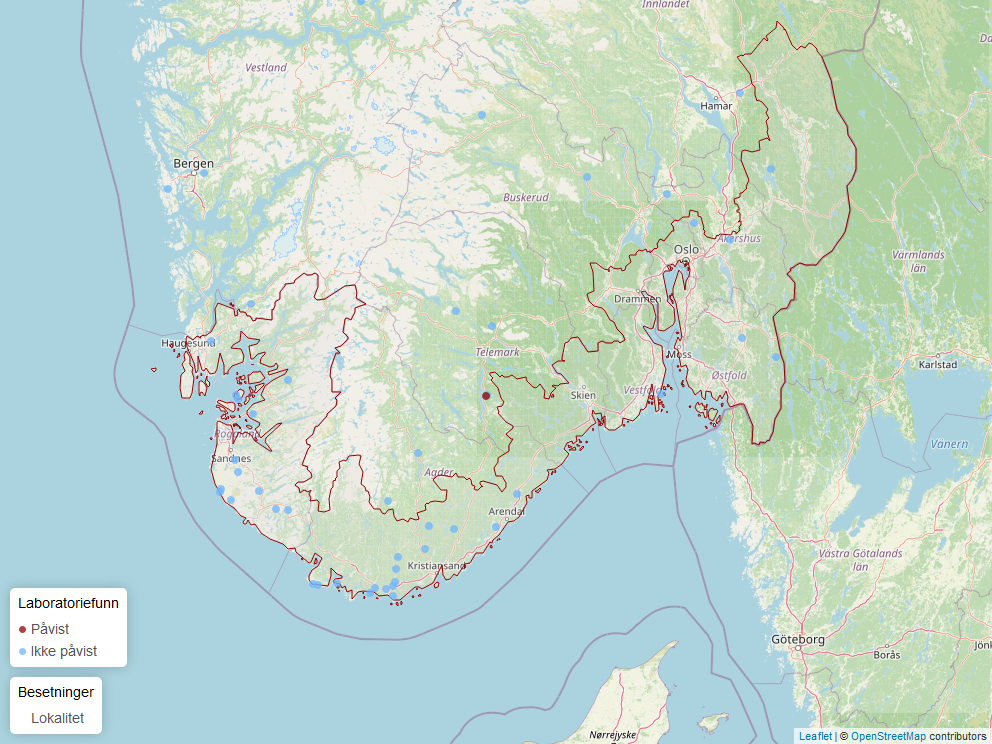 Kart av påvisninger av blåtunge hos sau i Norge