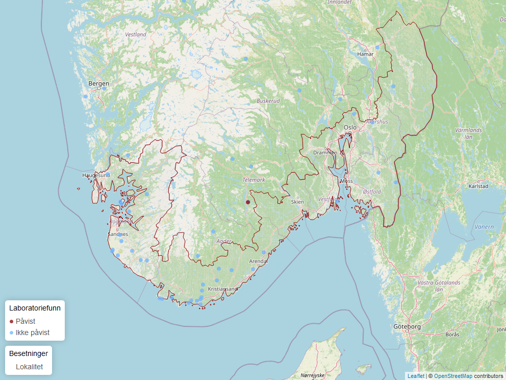 Kart av påvisninger av blåtunge hos sau i Norge